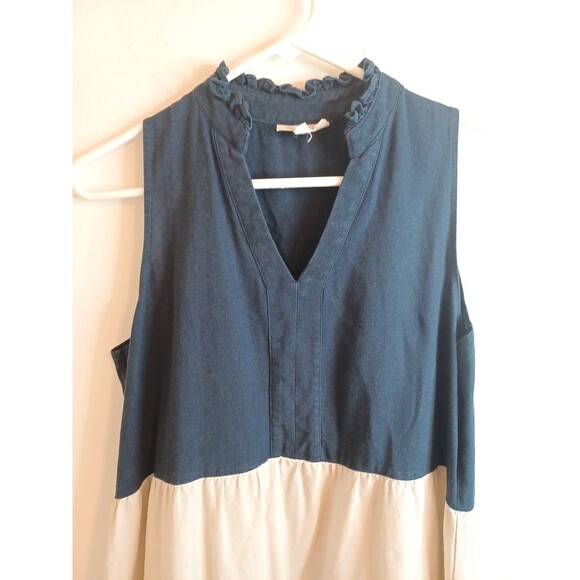 52 Seven Women’s M Linen Blend Color Block  Navy Blue Tan White Tiered Dress - Picture 5 of 9